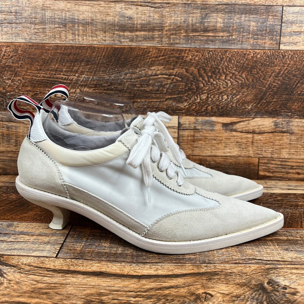 Thom Browne Alumni White Leather Canvas Pointed Toe Sneaker Kitten Heels Size 40